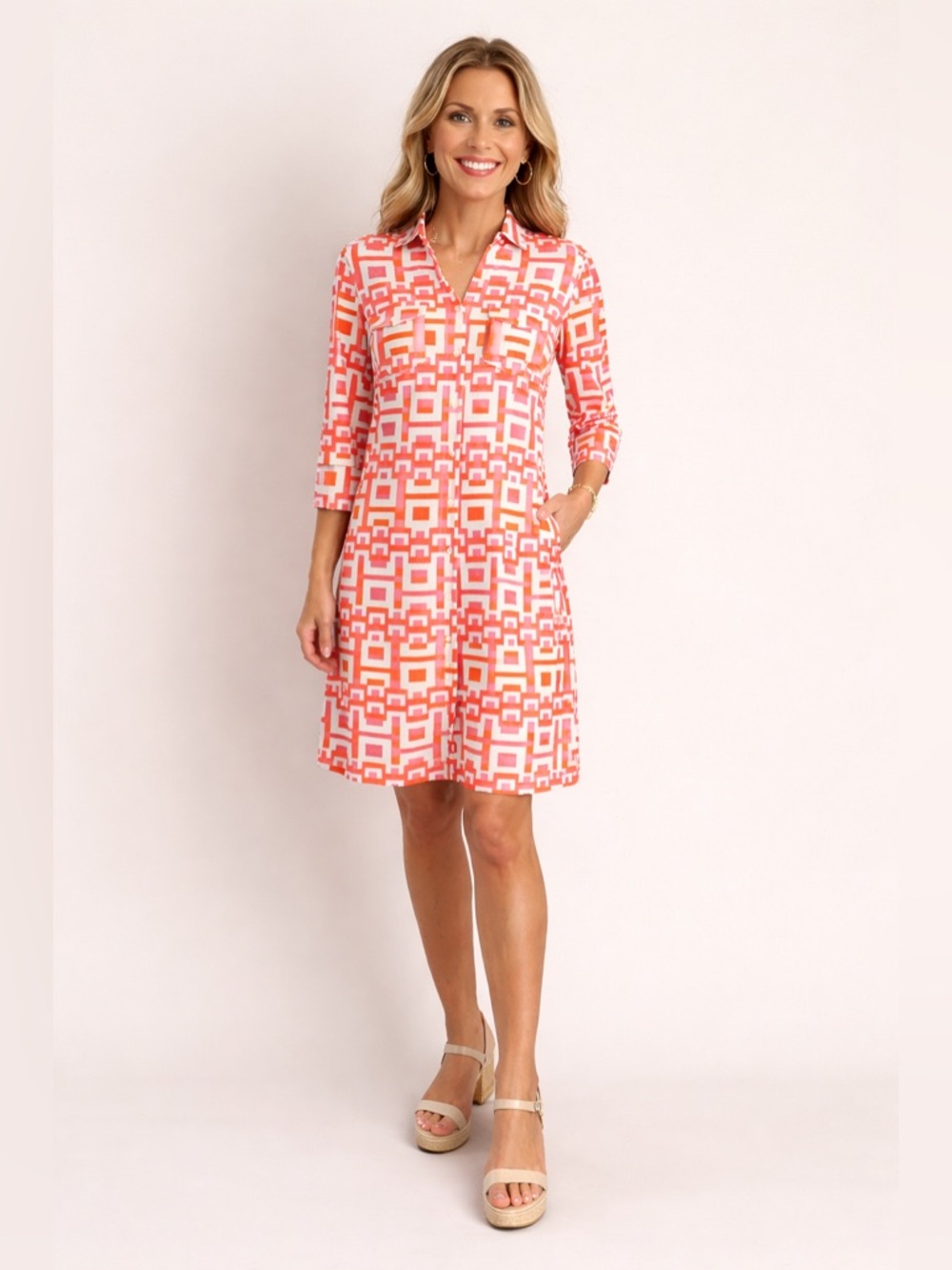 J. McLaughlin Pink Geometric Print Shirt Dress Sz M Stretch
